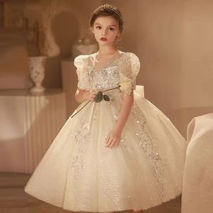 Lovely Ball Gown Flower Girls Dresses princess white sequined lace Appliques Kids Birthday Party Dress bling Flower Child Prom Gown Kids Photoshoot Baby new Gowns