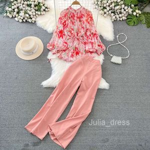 Fashion Set Womens Style Lantern Long Sleeve Standing Neck Loose Lace up Chiffon Shirt Two Piece Set High Waist Wide Leg Pants