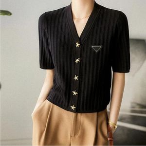 Summer Women's Knits Korean version Ice Silk Hollow Cardigan T-shirt Chic Starfish Button V-Neck Casual Sticked Short Hides Tees