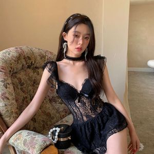 French fairy style lace jumpsuit swimsuit with a feminine V-neck and solid steel support for Sanya vacation swimwear H525-78