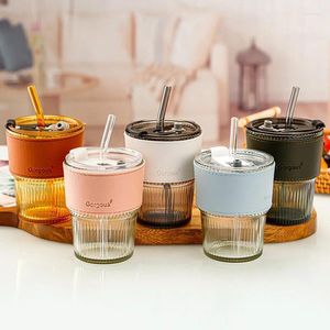 Weingläser 1pc mit Deckel Wasser Tasse Tee Kaffeetasse 400 ml Getränk Geschirr Glasstreifen Stroh Eis Haushaltsbetreuung transparent