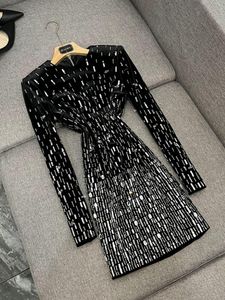 2024 Autumn Black Beaded Rhinestone Sequins Velour Dress Long Sleeve Round Neck Short Casual Dresses O4W212810