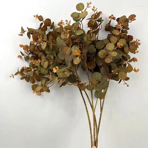 Kwiaty dekoracyjne 2PCS sztuczny eukaliptus gałąź jedwab liście zielone rośliny 4 widelc pieniądze symulacja liści rośliny kwiatowy dom do domu