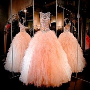 2017 Coral Sparkly Ball Gown Quinceanera Dresses Pärled Crystal Sweetheart Keyhole Lace-up Back Ruched Tulle Long Prom Pageant Dresses 241h