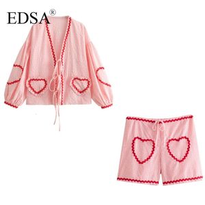 Edsa Women Pink Tracie Lace Up koszula wysoka talia z sznurkami Elastyczne talia długie spodnie Zestaw Śliczne serdeczne streetwear 240523