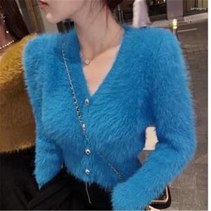 Frauen Strick gegen Nacken geschnittene weiße Mohair -Strick -Strickjacke Retro lässig Faulen übergroß