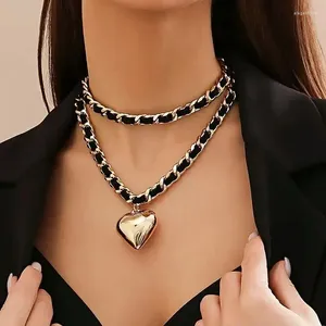 Pendant Necklaces 2Pcs/Set Vintage Love Heart Necklace For Women Luxury Trendy PU Leather Thick Chain Chokers Y2k Neck Jewelry Accessories