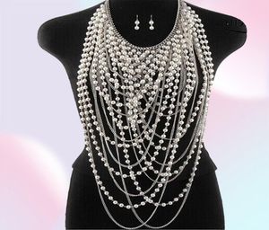 2020 Exaggerated beaded super long pendants necklace women trendy pearl choker necklace body jewelry gold shoulder chain Y200918205218715