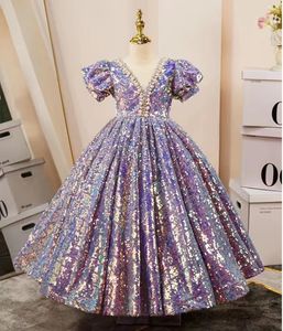 紫色のクリスタルロングフラワーガールドレスページェントドレス