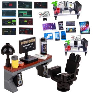 MOC Computer Desk Printed Tile Building Blocks City House Furniture Office Laptop Keyboards Phone Screen DIY Bricks Friends Toys