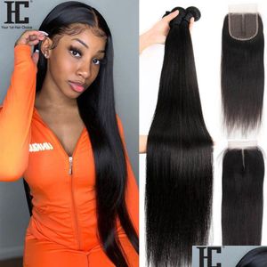 Hair Wefts 40 Straight Weave Bundles With Closure 5X5 Lace Part 3 4 Brazilian 100 Human Extensions 230505 Drop Delivery Products Otzrs