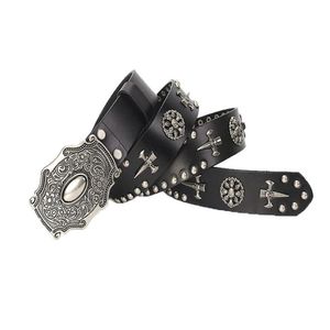 Belts Western Fashion Skull Rivets Studded Män Kvinnor äkta läder midja rem punk stenig paisley prägling spänne 238o