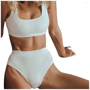 Momento de banho feminina Hight Hight Way Bottom Bikini Conjunto Sexy Mulheres Solid Color Swimsuit Tankini Push-Up Push-Up Solded Control Control Beachwear Conjuntos