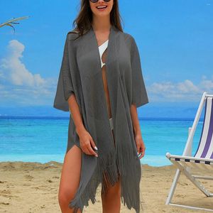 Badkläder kvinnor som stickar bomull täcker baddräkt solida tofsar sommarstrand kostymer ren mesh cardigans biquini