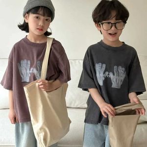T-Shirts Çocuk Giyim Çocuk T-shirt 2024 Yaz Kore tarzı baskılı kısa kollu gevşek rahat basit renk üst D240525