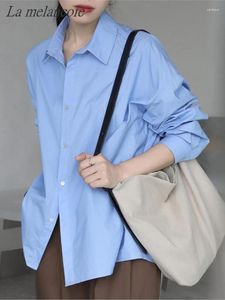 Women's Blouses Causal Loose Blouse Women Spring 2024 Long Sleeve Solid Shirt Turn Down Collar Office Ladies Fashion Korean Blue White Top