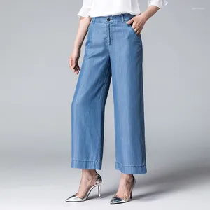 Женские джинсы летние женщины с высокой талией Slim Fit Zipper Blue Fashion Wide Blousers Office Ladies Denim брю и размер длина лодыжки