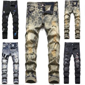 Jeans män designer jeans mens jeans motorcykel denim blyerts byxor blixtlås flug fit silm jogger byxor hiphop jeans för män jeans mens designer mens byxor orange stjärnor man