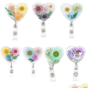 Key Rings 10 Pcs/Lot Fashion Design Heart Shape Stethoscope Dried Flower Resin Badge Clip Retractable Id Name Tag Reel For Nurse Doc Dhcw8