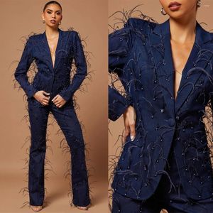 Women's Two Piece Pants One Button Blazer Suits For Women Vintage Feather Jacket Wide Legs Set Fashion Party Custom Made