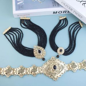 Marocko Bride Jewelry Set Kaftan Belt Choker Halsband Black Crystal Gold Plating Pärlor Kedja Halsband Midjekedja 240522