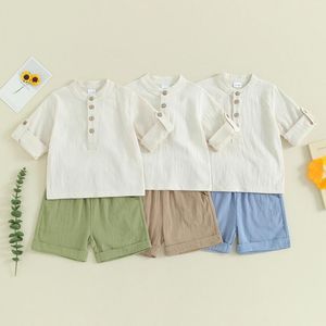Kläder sätter Pudcoco Toddler Boy Summer Cotton Linen Set Solid Color Long Sleeve Button Tops med elastiska midjeshorts 2pcs outfit 6m-4T