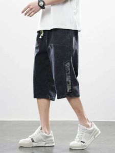 Sommer-Herren-Jeans-Denim-Reithose Walf-Länge lässige Freizeitshorts gewaschene Baumwollkordelstring gerade Capris Hosen große Größe 8xl