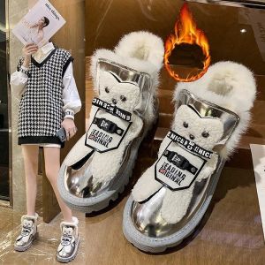 Short Barrel Snow Boots Woman Low Winter 2023 Furry Silver Footwear Leather and Fur Ankle Booties Shoes for Women Flat Elegant