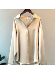 Plus Size Casual Office Women Silk Shirts Fall Long Sleeve ButtonDown Elegant Tops Womens Acetate 240514