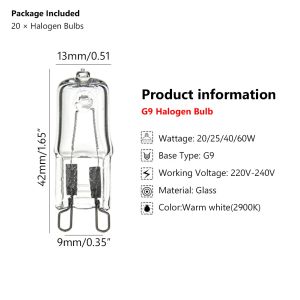 20pcs g9 lâmpadas de halogênio lâmpadas de cápsula transparente 220-240V Branco branco de 20w 25W 40W 60W Base bi-pino para lustres substituem a luz