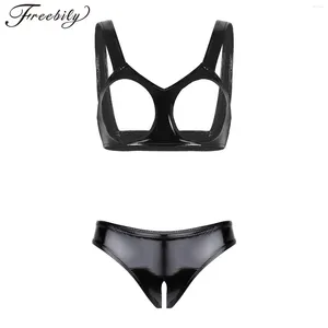 Bras Sets Sexy Lingerie Set Women PU Patent Leather Nightwear Erotic Underwear Suit Straps Open Cups Bra Tops With Crotch Briefs