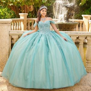 Aqua Blue Shiny Quinceanera klänningar från axelpärlorna Applique spets tull bollklänning söt sexton klänning klänningar vestidos de 15 anos