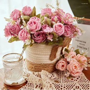 装飾的な花6ヘッド結婚式の花瓶のオフィスのための人工ピンクローズブーケシルク牡丹
