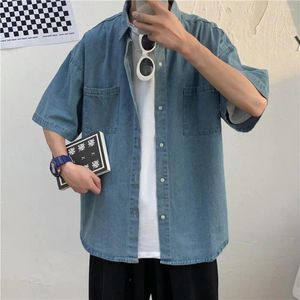 Men's Casual Shirts Blue Denim Short Sleeve Men Summer Thin Korean Fashion Top Vintage Oversize Baggy Cardigan Blouses Man Clothes