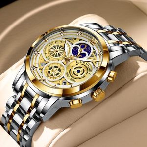 Armbandsur 2021 Lige Mens klockor Rostfritt stål Toppmärke ihåliga Desgin Luxury Waterproof Watch Male Chronograph Quartz Hour Reloj 1775