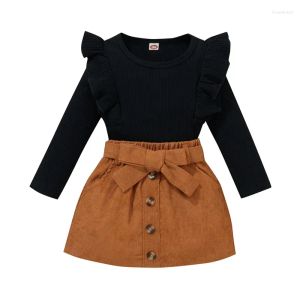 Clothing Sets Toddler Infant Baby Girl Two Pieces Outfits Long Sleeve Ribbed Ruffle Pullover Tops Corduroy Bowknot Elastic Waist Skirt Fqdc