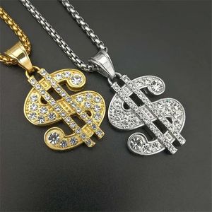 US -Dollar -Geld -Halskette Anhänger 14K Gold Halskette für Frauen/Männer vereiste Bling -Strass -Hip -Hop -Schmuck