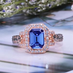Cluster Rings Exquisite Women's Rose Gold Plated Crystal Zircon Ring Blue Gem Square Cocktail Party Jewelry Valentine's Day Gift