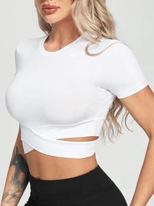 Women's Tanks Short Sleeves Shirts Women Crisscross Strappy Fitness Crop Tops Push Up Sportwear Gym Workout Quick Dry Running Female