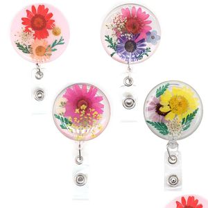 Key Rings 10 Pcs/Lot Fashion Round Shape Dried Leaf Flower Plastic Id Reel Pressed Floral Resin Badge Holder Work Gift For Nurse Dro Dhhc0