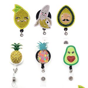 Key Rings 10 Pcs/Lot Fashion Office Supply Cute Fruit Rhinestone Banana Avocado Lemon Pineapple Retractable Badge Holder Accessories Dhh6A