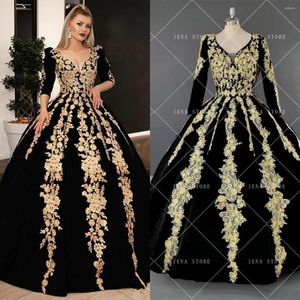 Party Dresses 14445#Black Velvet Formal Evening Plus Size V-neck Half Sleeve Sparkly Gold Lace Applique Kaftan Caftan Arabic Prom Gown