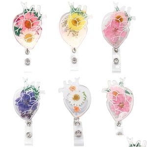 Key Rings 10 Pcs/Lot Fashion Office Supplies Heart Shape Dried Flower Resin Badge Clip Retractable Id Name Tag Reel For Nurse Doctor Dhalj