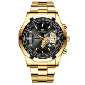 fngeen 브랜드 화이트 스틸 쿼츠 남성 감시 시계 크리스탈 유리 시계 날짜 44mm 직경의 성격 고급 골드 세련된 남자 손목 시계 199R