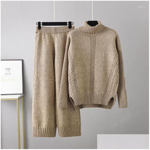 Womens Two Piece Pants 2022 Autumn Winter Thick Set Women Lazy Loose Turtleneck Sweater And Wide Leg Sets Drop Delivery Apparel Clothi Dhvxs