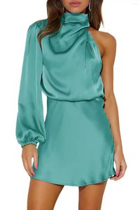 Runway Dresses Women's Satin Cocktail Dress Collar Neck One Shoulder Lång ärm Hög midja Bröllop Gäst Mini Party Formal Prom Clown