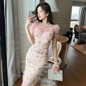 2024 Summer New Womens Wear Design com Diamond Mesh Spliced Bubble Mangeves Slim Fit Fragmented Flower Dress 10113