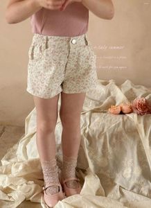 Trousers Kids Pants Shorts Powder Flower Childrens Clothing 2024 Elastic Waist Pocket Sweet Simple Lovely Zipper Casual Korean