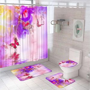 シャワーカーテン紫色の花チューリップバタフライカーテンセット湖反射景色バスルームノンスリップバスマットラグトイレカバー