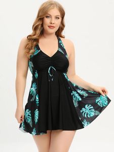 Kvinnors badkläder 2024 Leaf Print Plus Size Women Tankini Baddräkter Drawstring Swimsuit Kvinnliga stora baddräkter kjolbadare